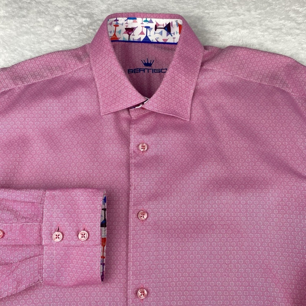 Bertigo Shirt Mens XL Pink Geometric w/ Martini Contrasting Trim Long Sleeves